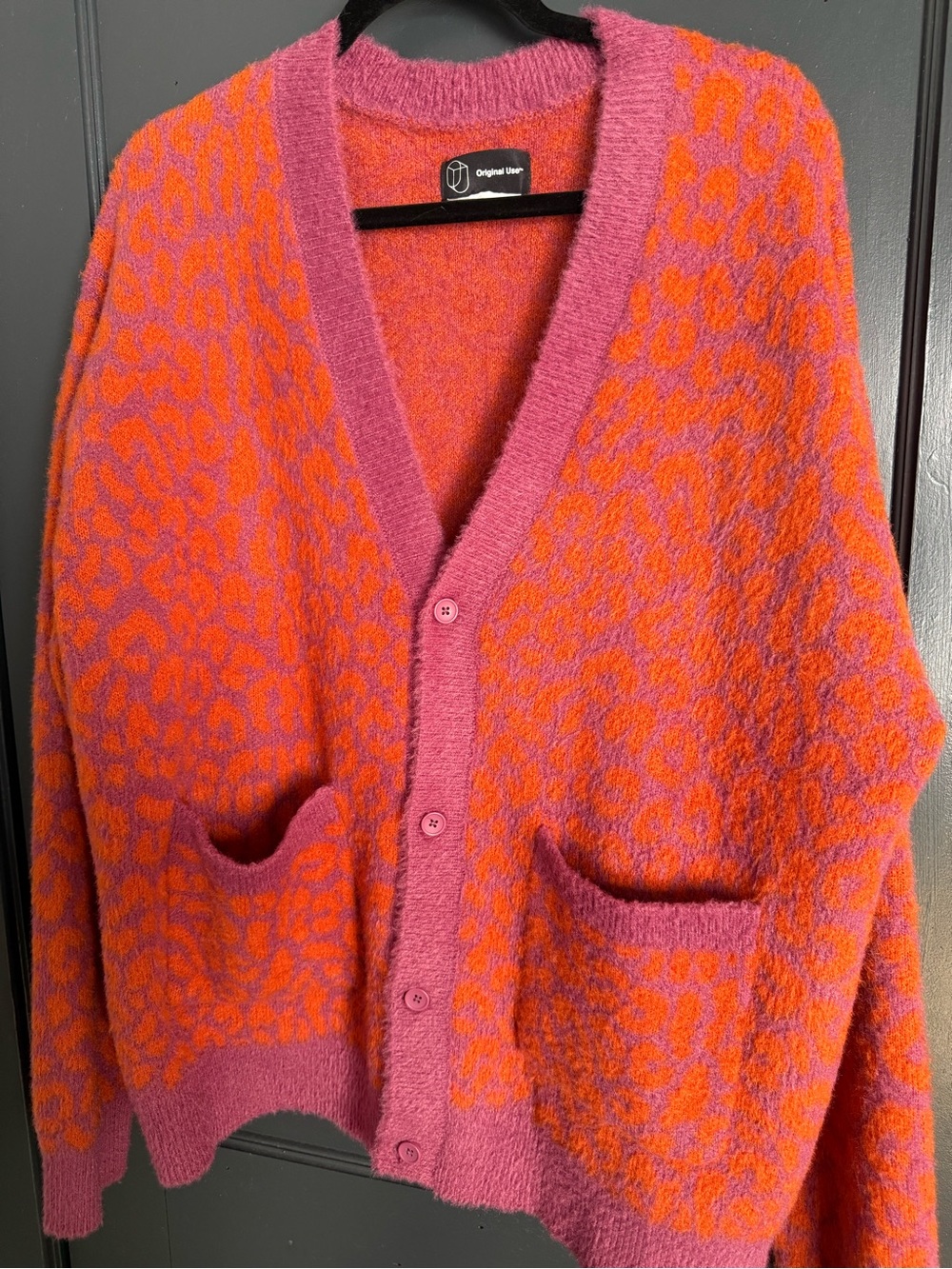 Original Use Pink and Orange Leopard-Print V-Neck Cardigan